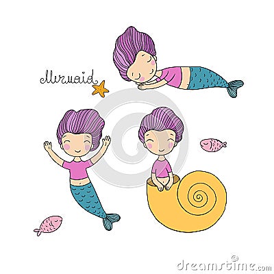 Set with Cute cartoon mermaid. Little sisters. Fun triplets. Vector Illustration