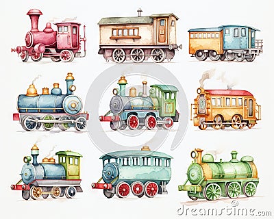 set of cute cartoon ornate vintage trn locomotives isolated on white Digital watercolor. Cartoon Illustration