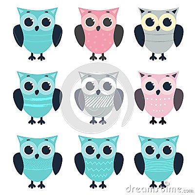 Set of cute cartoon owls Vector Illustration