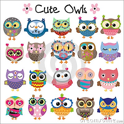 Set of Cute Cartoon Owls Vector Illustration