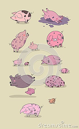 Set with cute cartoon pigs. Farm animals. Pig in different poses Vector Illustration