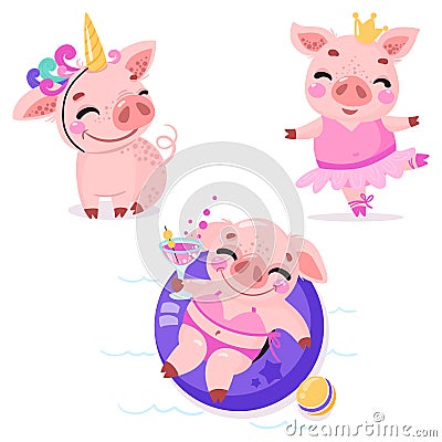 Set of cute cartoon pigs. Pig in a unicorn costume, piggy princess with a crown, piggy on the beach with a cocktail. Vector Illustration