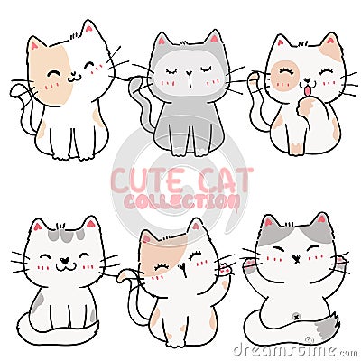 Set of cute cartoon playful kitten cat in different poses action element Vector Illustration