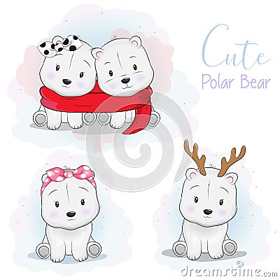 Set cute cartoon polar bear with ribbon, scarf and deer horn in white background Vector Illustration