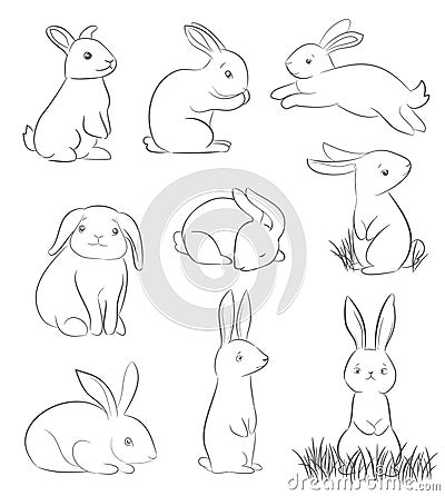 Set of cute cartoon rabbits Vector Illustration