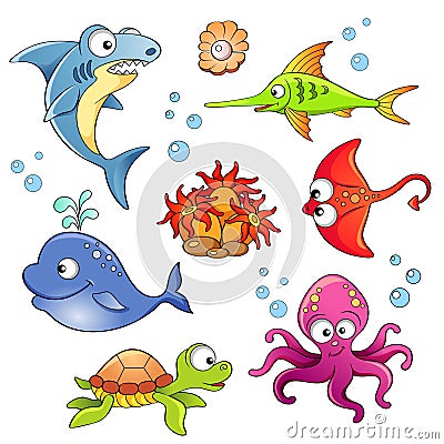 Set of cute cartoon sea animals isolated on white background Vector Illustration