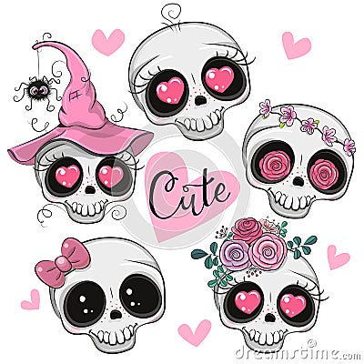 Cute Cartoon skulls with flowers and hearts Vector Illustration