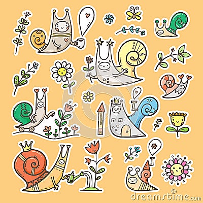 Set with cute cartoon snails and plants. Doodle floral poster. Spring vector collection with insects. Vector Illustration