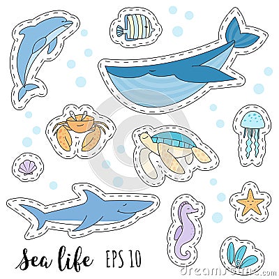 Set of cute cartoon stickers with sea animals Vector Illustration