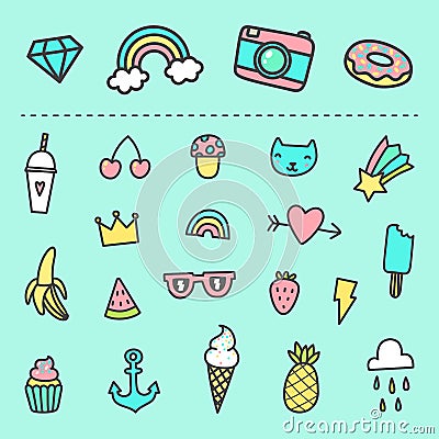 Set of cute cartoon stickers. Vector Illustration