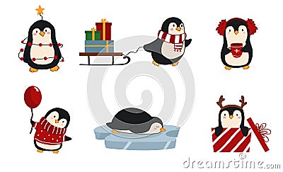 A set of cute cartoon style Christmas penguins. Vector Illustration