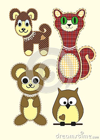Set of Cute cartoon Teddy bear, cat, dog, owl in flat design for greeting card, invitation and logo with fabric texture. Vector Vector Illustration