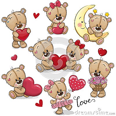 Set of Cute Cartoon Teddy Bear Vector Illustration