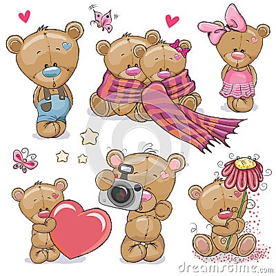 Set of Cute Cartoon Teddy Bear Vector Illustration