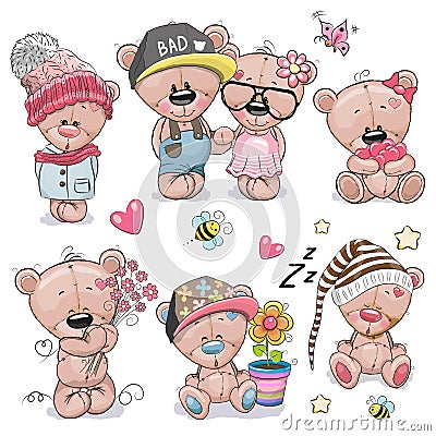 Set of Cute Cartoon Teddy Bear Vector Illustration