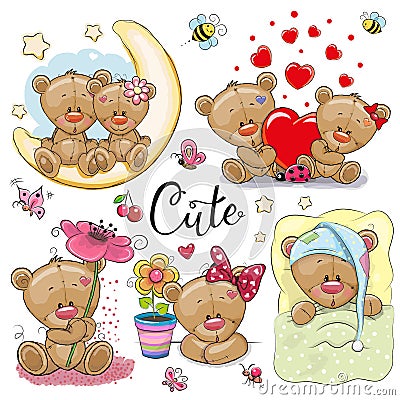 Set of Cartoon Teddy Bear on a white background Vector Illustration