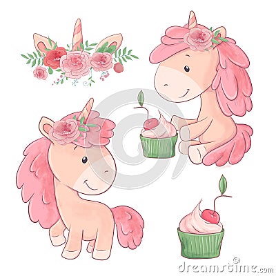 Set of Cute Cartoon Two Unicorns with Flowers and Cupcake. Vector illustration Vector Illustration