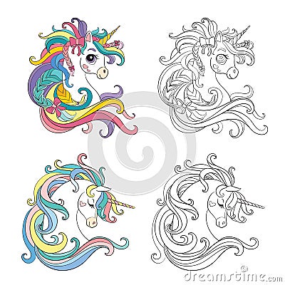 Set of cute cartoon unicorn vector illustration Vector Illustration