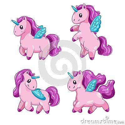 Set of cute cartoon unicorns, fantasy little beautiful horsees for game design. Vector Illustration