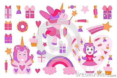 Set of Cute Cartoon Unicorns isolated on a white background Vector Illustration