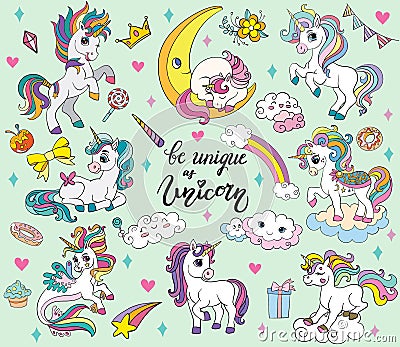 Set of cute cartoon unicorns vector illustration green Vector Illustration