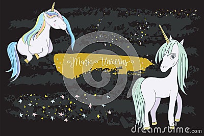 Set of Cute Cartoon Unicorns Vector Illustration