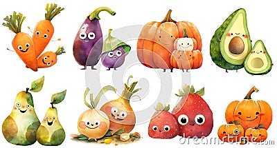 Set of cute cartoon vegatables and fruits with funny faces. Isolated PNG clipart, watercolor illustration. Generative AI Cartoon Illustration