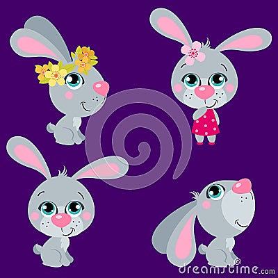 Set of cute cartoons Easter rabbits. Vector Illustration