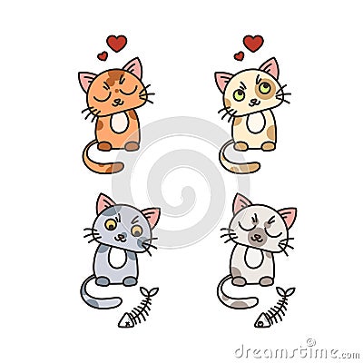 Set of cute cat characters. Satisfied fed kittens. Wary fishbone. Vector Illustration