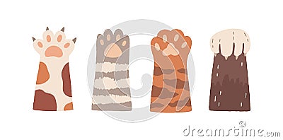 Set of cute cat paws with claws and soft pads. Adorable fuzzy hands of kittens. Sweet funny kitty's foot. Animal's high Vector Illustration