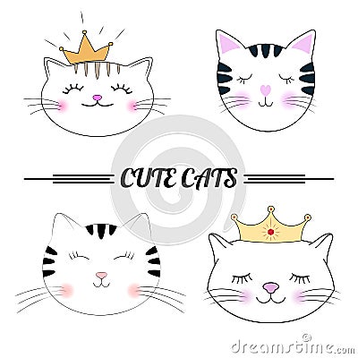 Set cute cats cartoon vector illustration. Vector Illustration