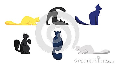 Set of Cute Cats of Different Breeds Isolated on White Background. Pets, Group of Animals in Various Poses Sleeping Vector Illustration