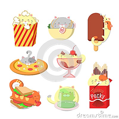 Set of cute cats with food. Kawaii vector cats. Vector Illustration