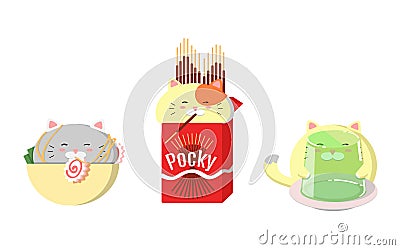 Set of cute cats with food. Kawaii vector cats. Vector Illustration