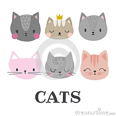 Set of cute cats. Funny doodle animals. Kittens in cartoon style Vector Illustration