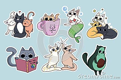 Set of cute cats stickers. Avocado cat, coffee-cat. Cat reading Vector Illustration