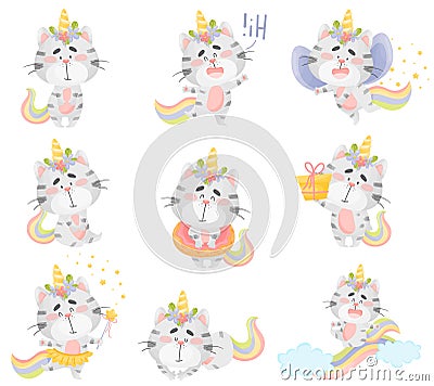 Set of cute cats unicorns. Vector illustration on a white background. Vector Illustration