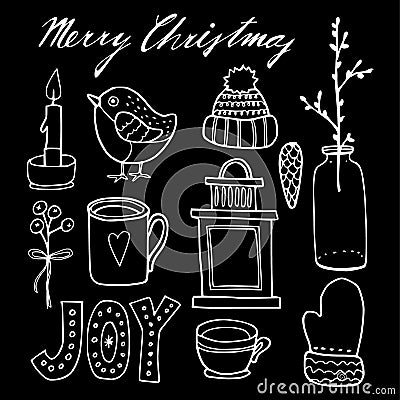 Set of cute chalk christmas hand drawn graphic elements, isolated objects Vector Illustration