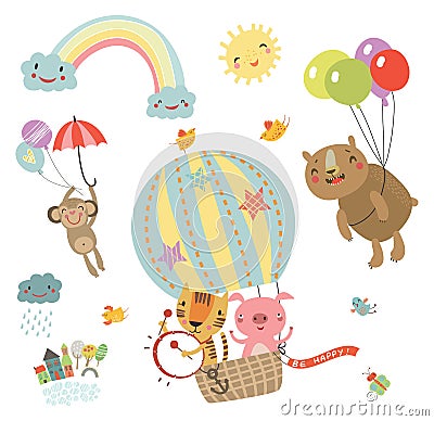 Set Cute characters. Flying animals Vector Illustration