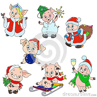 A set of cute characters for the new year. Christmas characters. Piggy cartoon for greeting card. Vector for design. Stock Photo