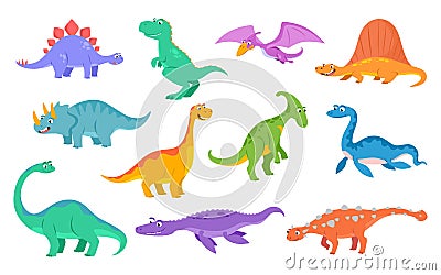 Set of cute childish dinosaurs in cartoon style isolated on white background Vector Illustration