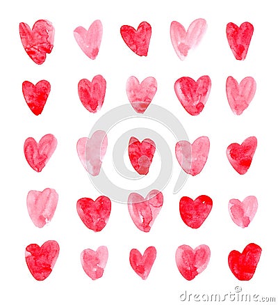 Set of Cute Childlike Watercolor Red Hearts. Hand Drawn Paint Object for Graphic Design use. Abstract Brush Drawing. Naive Art Stock Photo