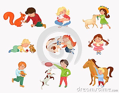 Set of cute children play with different home animals Vector Illustration