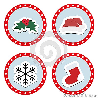 Set of cute children`s Christmas and winter stickers. Vector Illustration