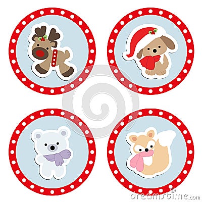 Set of cute children`s Christmas and winter stickers. Vector Illustration