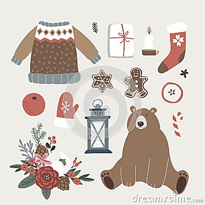 Set of cute Christmas animal, lifestyle and food icons. Bear, knitted sweater, glowes, Santa socks, gift boxes and Vector Illustration