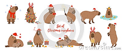 Set cute christmas capybaras in different poses and christmassy items. Hand drawn cartoon flat vector style. Vector Illustration