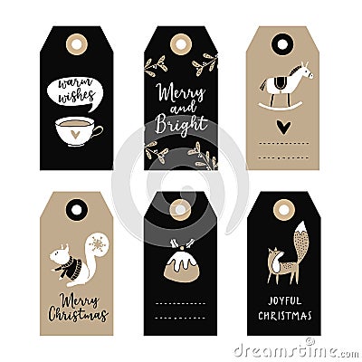 Set of cute Christmas gift tags, labels with squirrel, fox, Christmas pudding and wooden horse. Hand drawn illustrations Vector Illustration