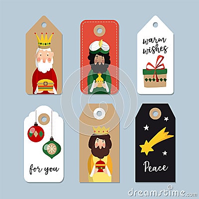 Set of cute Christmas gift tags. Three magi. Biblical kings Caspar, Melchior and Balthazar. Vector illustration Vector Illustration