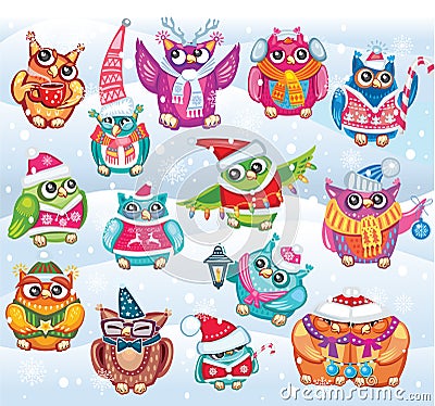 Set of Cute Christmas Owls Vector Illustration